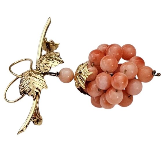 Glass Coral Bead Grape Cluster Brooch, Vermeil 800 Silver Vine Dangle Pin L532 - Picture 4 of 8